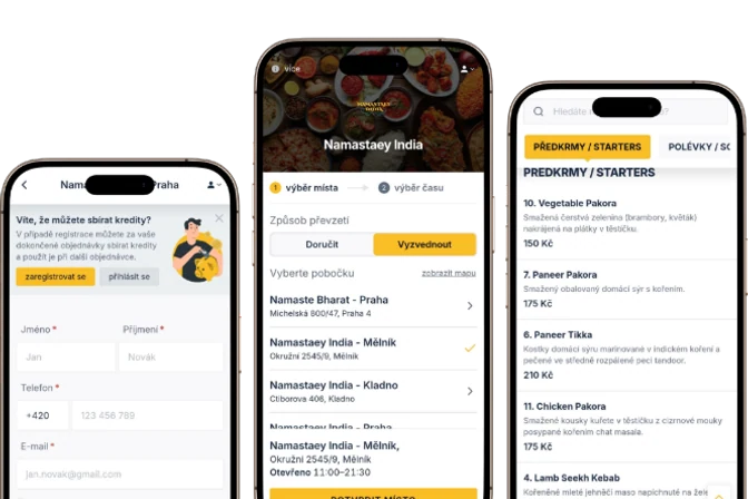 Tři obrazovky naší mobilní aplikace: výběr pobočky, objednávka a menu.